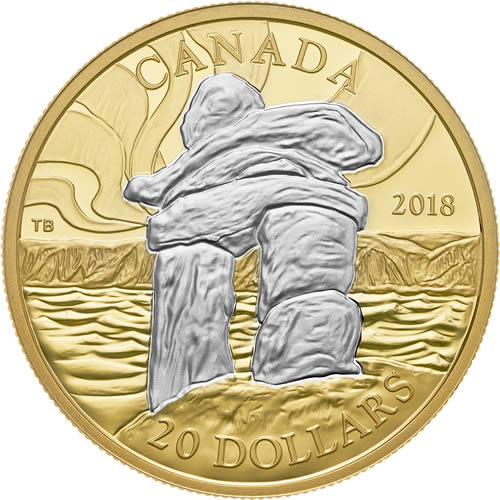RCM-New-Release:--2018-1-Oz.-Reverse-Gold-Plated-Pure-Silver-Coin---Iconic-Canada:-Inukshuk